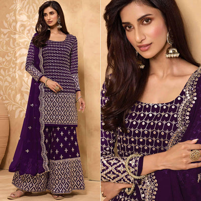 Dark Purple Embroidered-Embellished Georgette Sharara Suit
