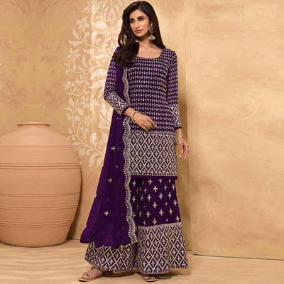 Dark Purple Embroidered-Embellished Georgette Sharara Suit