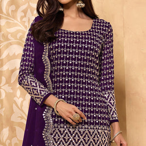 Dark Purple Embroidered-Embellished Georgette Sharara Suit