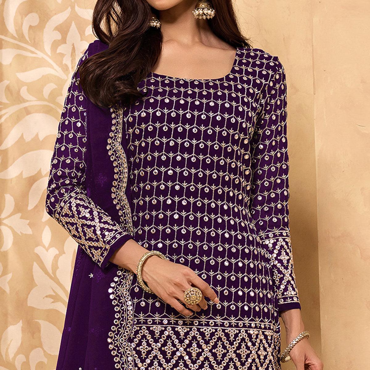 Dark Purple Embroidered-Embellished Georgette Sharara Suit