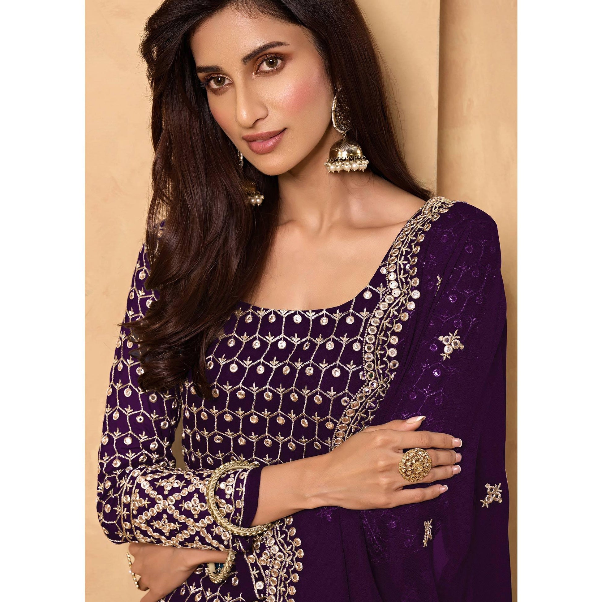 Dark Purple Embroidered-Embellished Georgette Sharara Suit