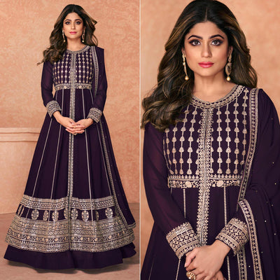 Dark Purple Embroidered Georgette Anarkali Style Gown