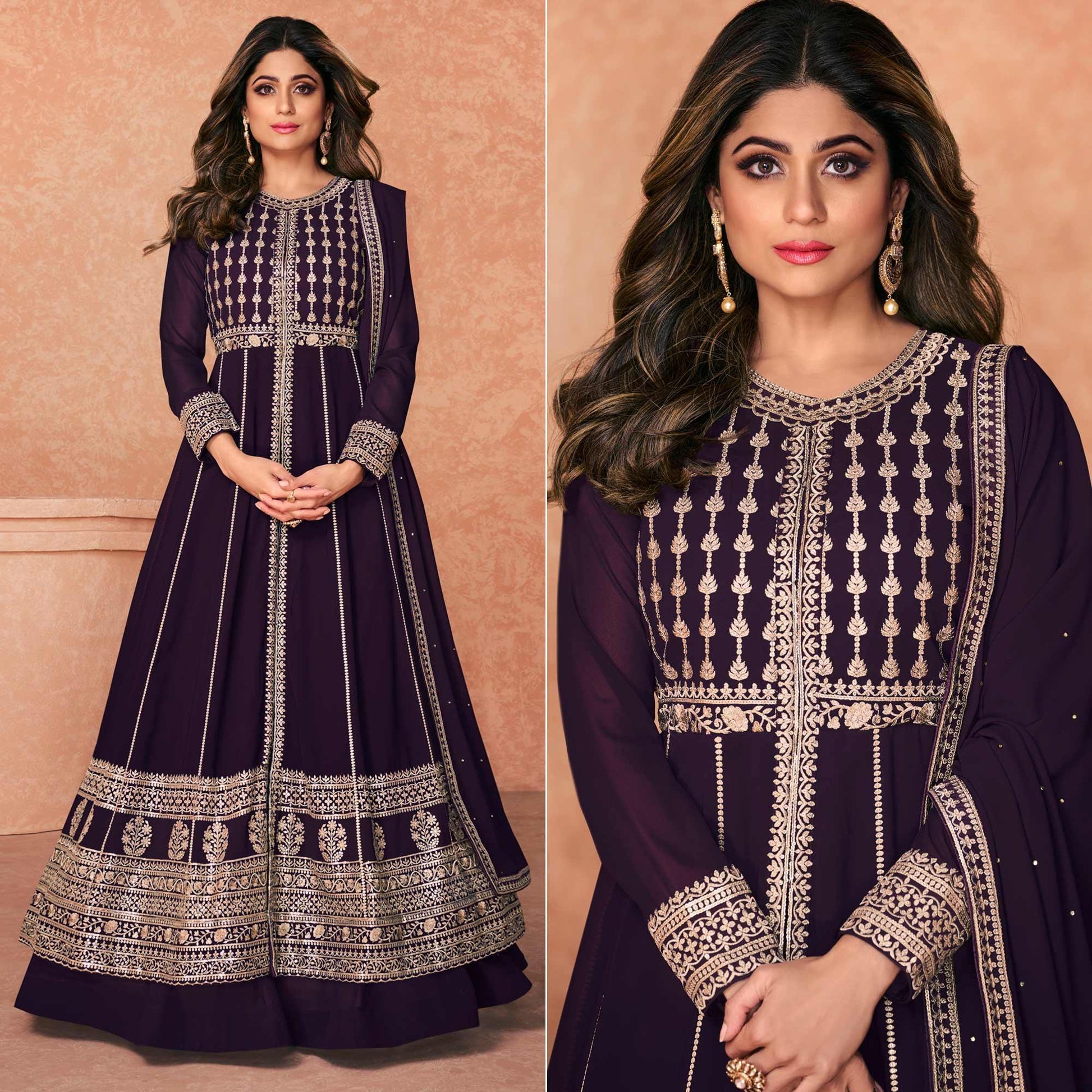 Dark Purple Embroidered Georgette Anarkali Style Gown