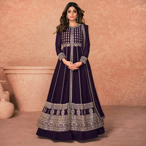 Dark Purple Embroidered Georgette Anarkali Style Gown