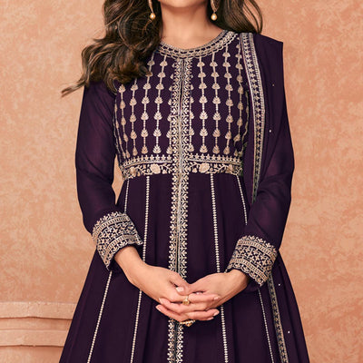 Dark Purple Embroidered Georgette Anarkali Style Gown