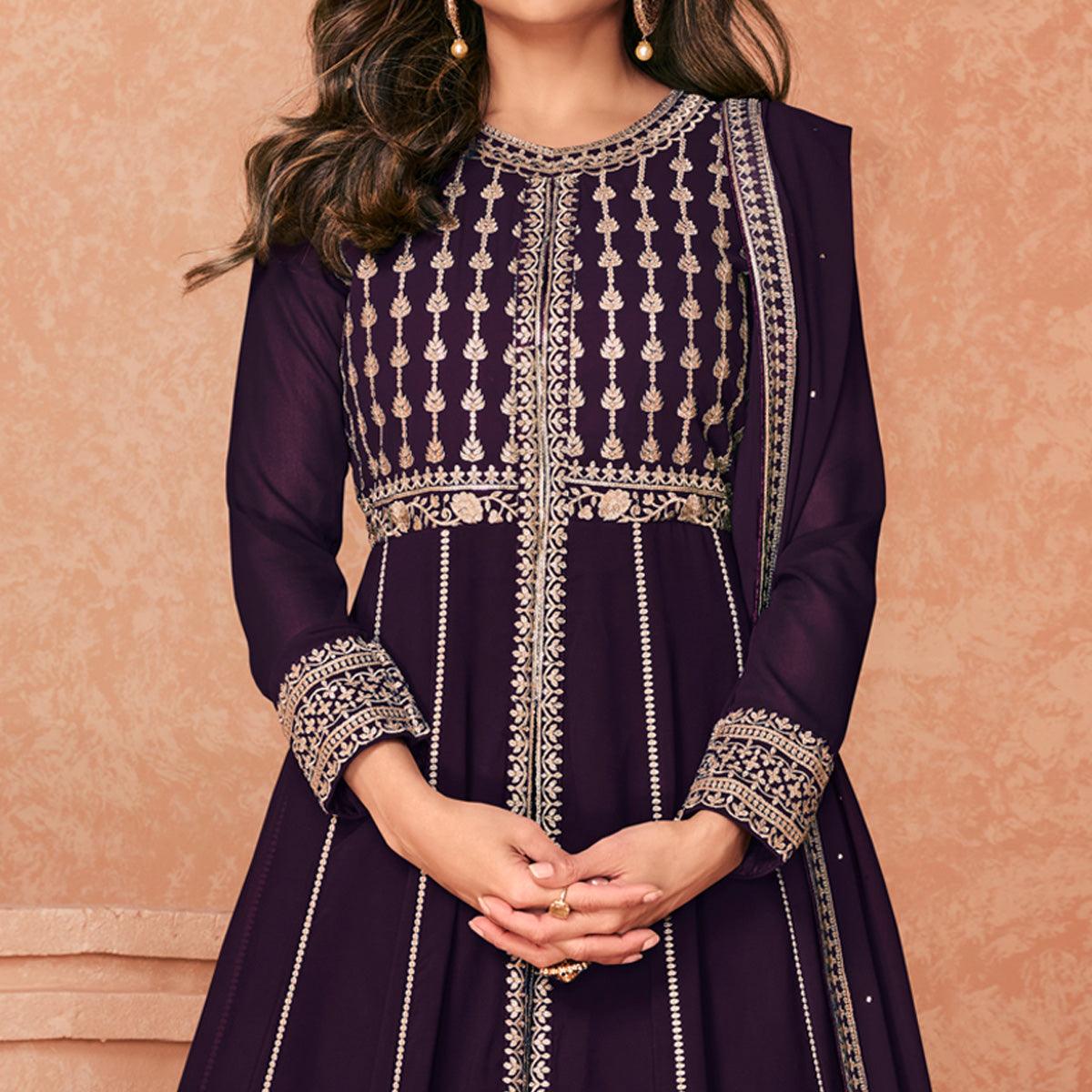 Dark Purple Embroidered Georgette Anarkali Style Gown