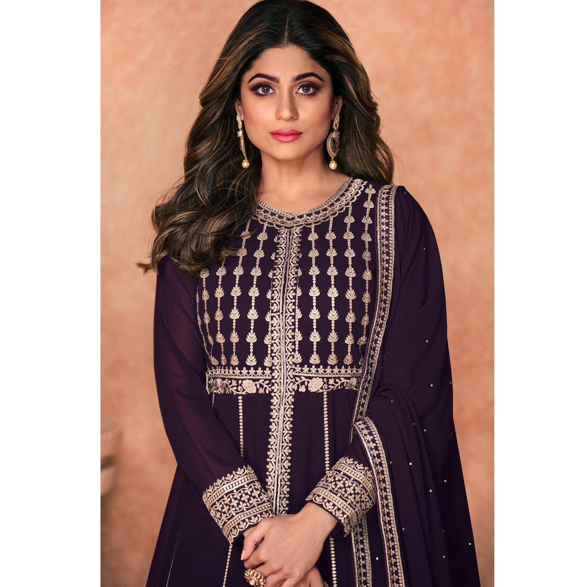 Dark Purple Embroidered Georgette Anarkali Style Gown