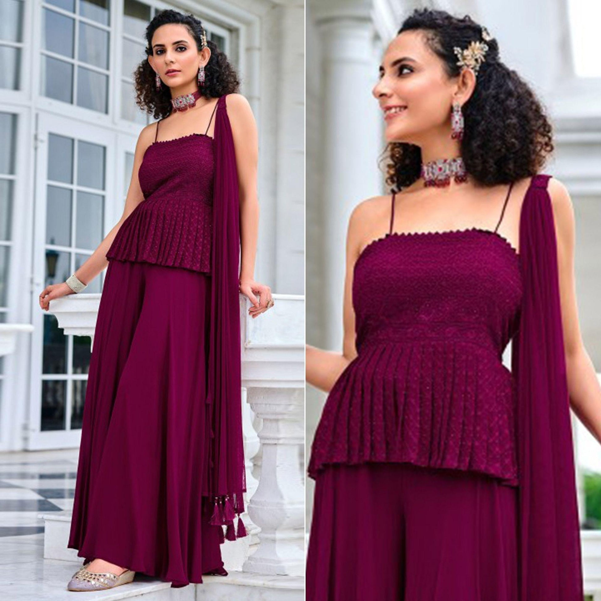 Dark Purple Embroidered Georgette Sharara Suit