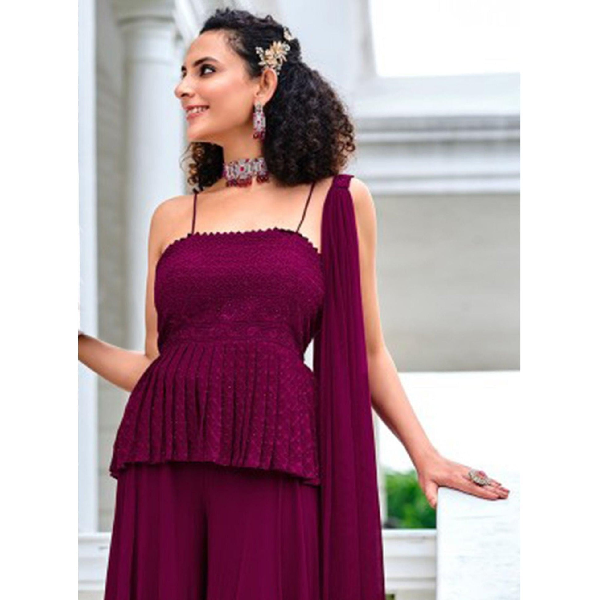 Dark Purple Embroidered Georgette Sharara Suit