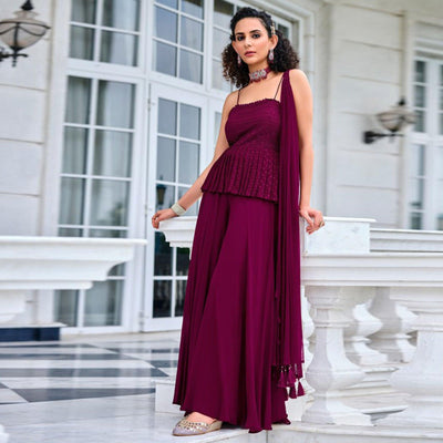 Dark Purple Embroidered Georgette Sharara Suit