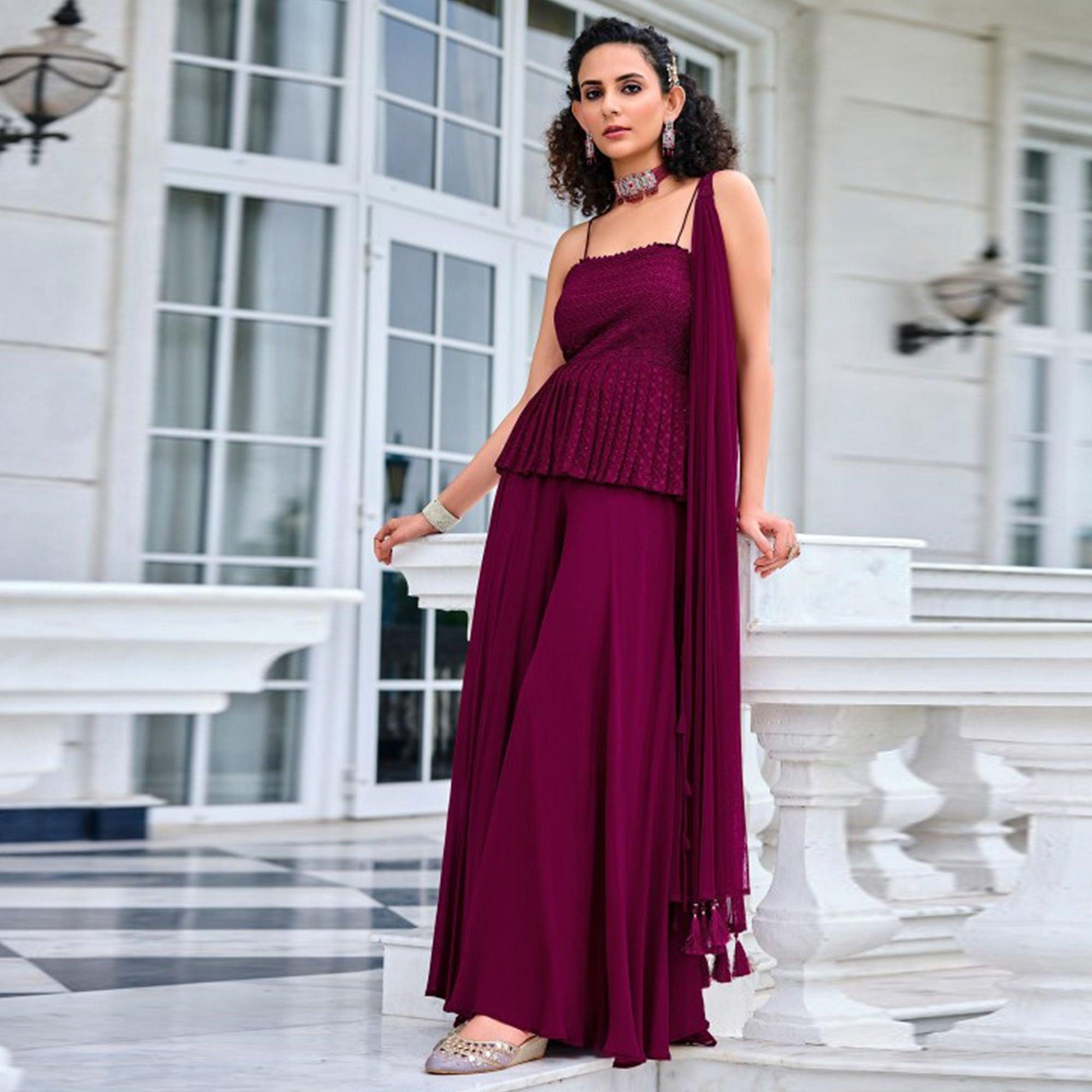 Dark Purple Embroidered Georgette Sharara Suit