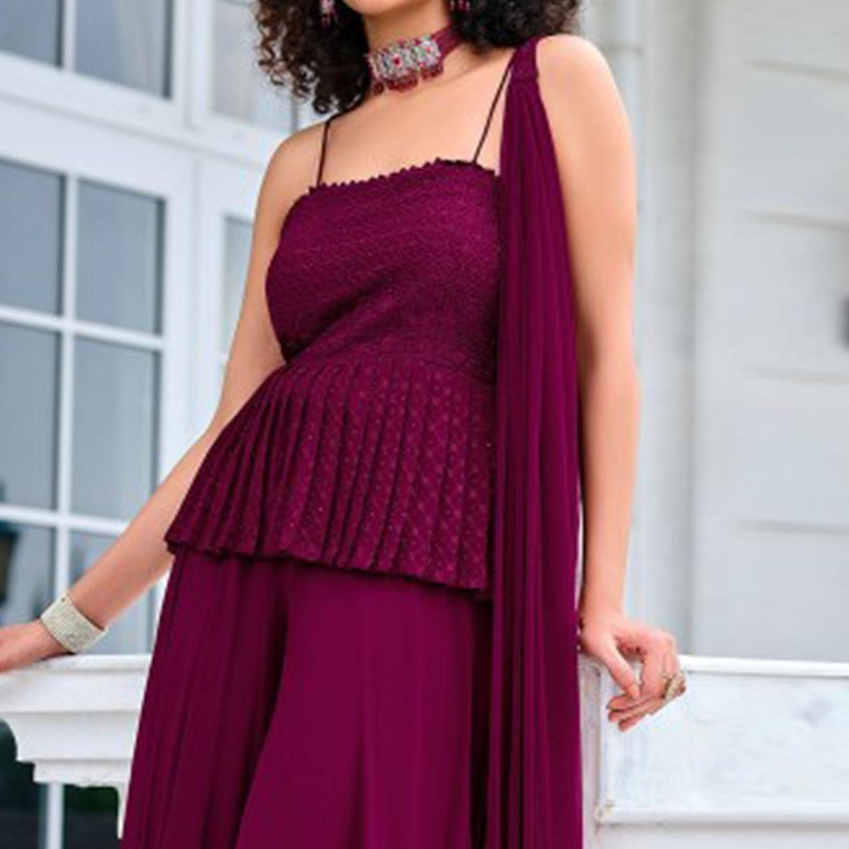 Dark Purple Embroidered Georgette Sharara Suit