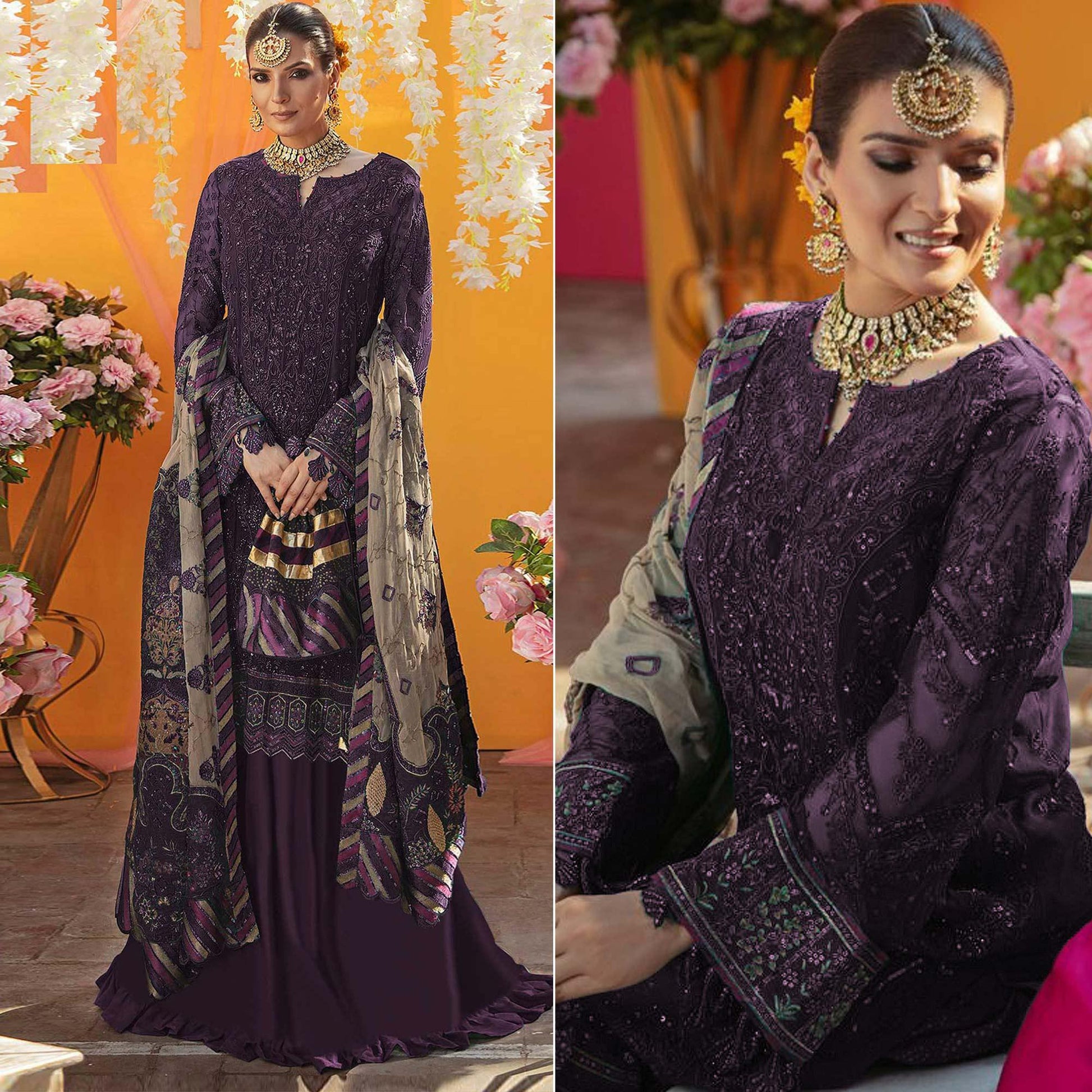 Dark Purple Embroidered Georgette Suit