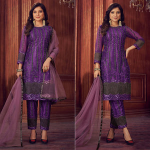 Dark Purple Embroidered Netted Suit
