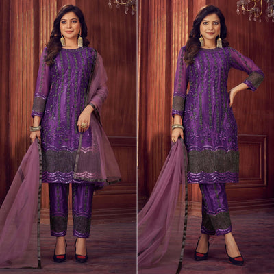 Dark Purple Embroidered Netted Suit