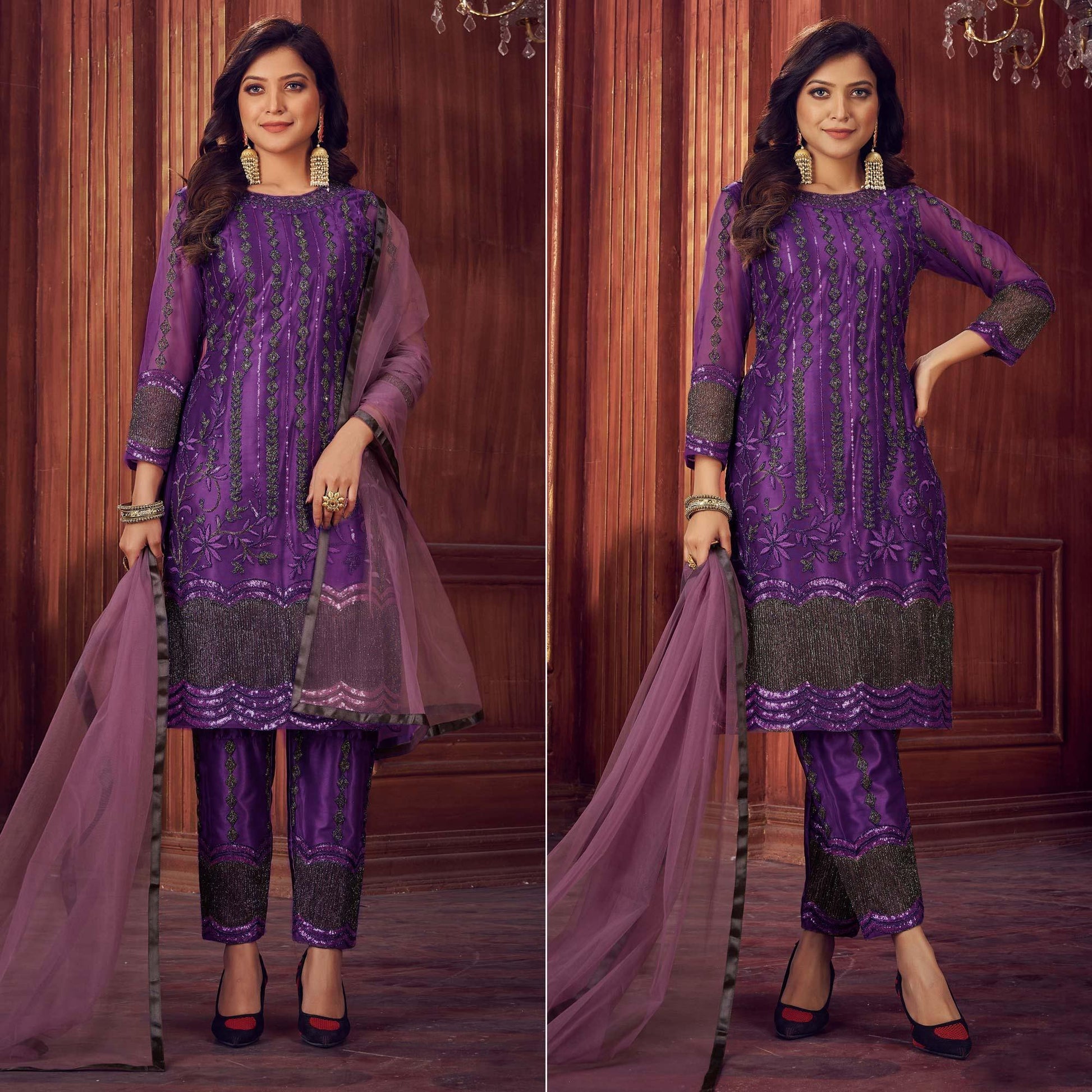 Dark Purple Embroidered Netted Suit