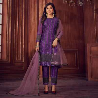 Dark Purple Embroidered Netted Suit