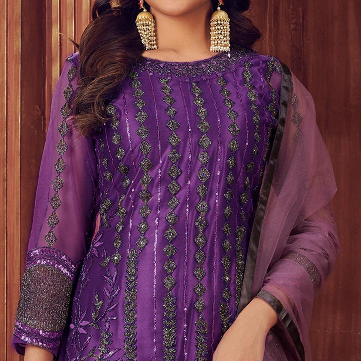 Dark Purple Embroidered Netted Suit