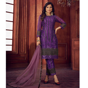 Dark Purple Embroidered Netted Suit