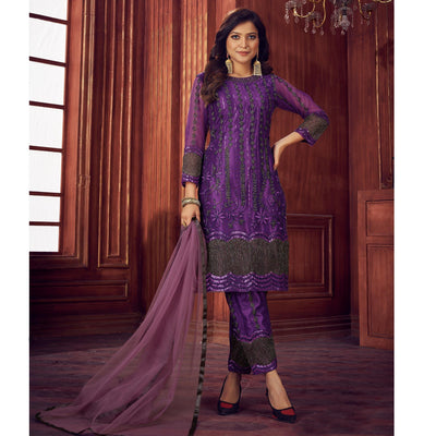 Dark Purple Embroidered Netted Suit