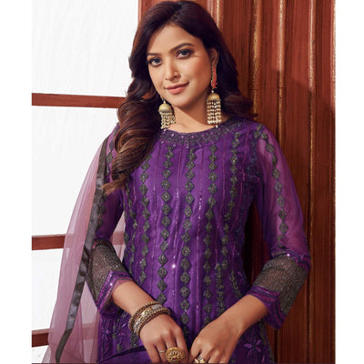 Dark Purple Embroidered Netted Suit