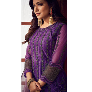 Dark Purple Embroidered Netted Suit