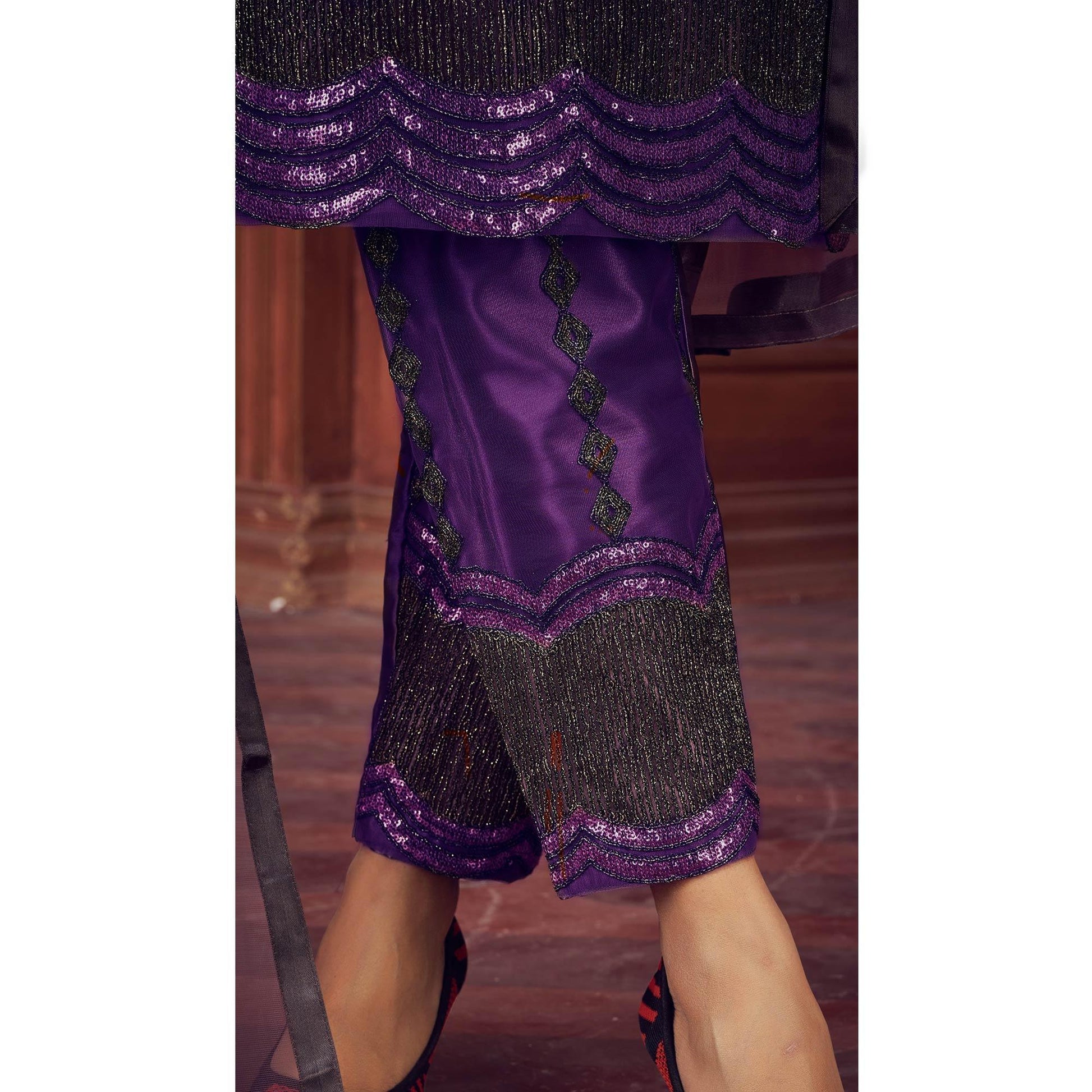 Dark Purple Embroidered Netted Suit