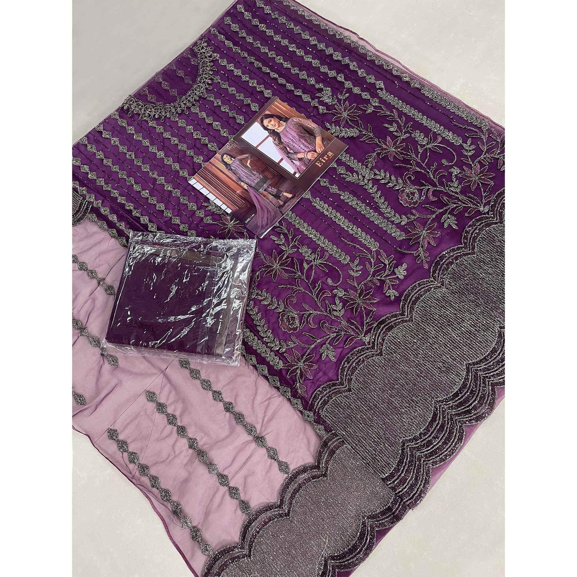 Dark Purple Embroidered Netted Suit