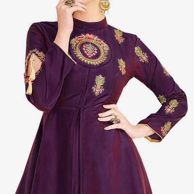 Dark Purple Embroidered Satin Gown