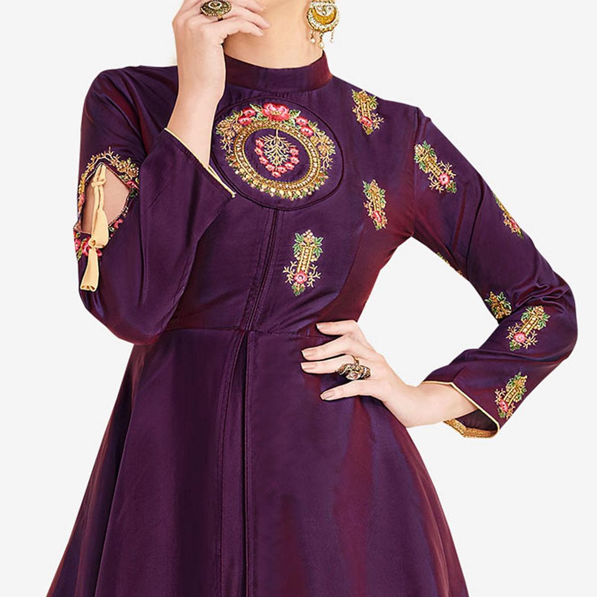 Dark Purple Embroidered Satin Gown