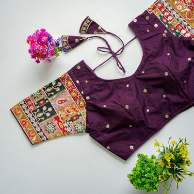 Dark Purple Golden Embroidered Seoul Silk Blouse with Sequins