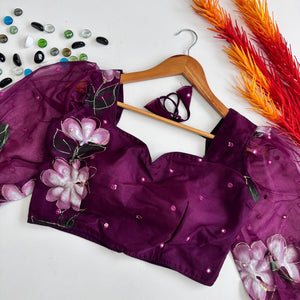 Dark Purple Hand-Painted Organza Silk Blouse with Embroidery Accents