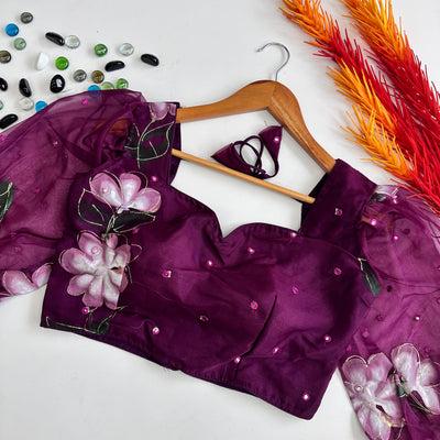 Dark Purple Hand-Painted Organza Silk Blouse with Embroidery Accents