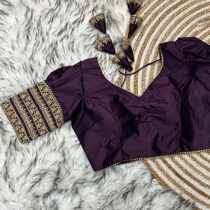 Dark Purple Kilmora Silk Blouse with Handcrafted Embroidery and Sequence Accents