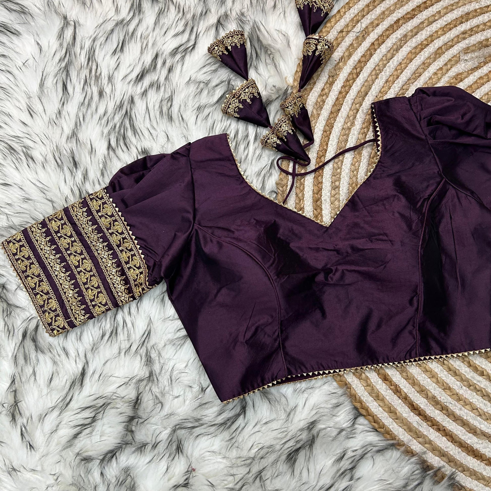 Dark Purple Kilmora Silk Blouse with Handcrafted Embroidery and Sequence Accents