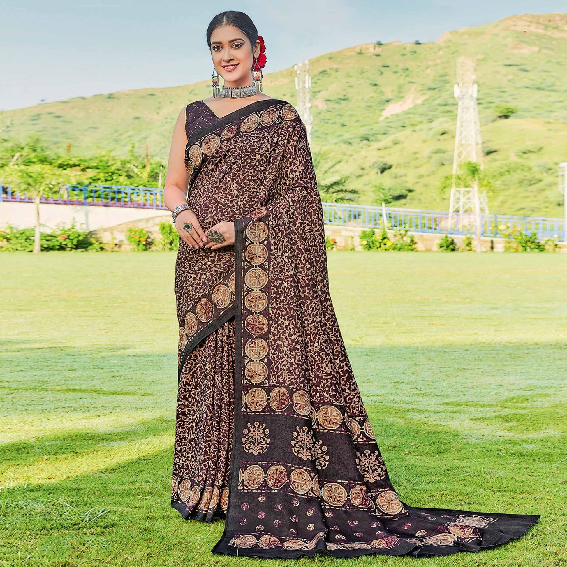 Dark Purple Printed Cotton Silk Saree