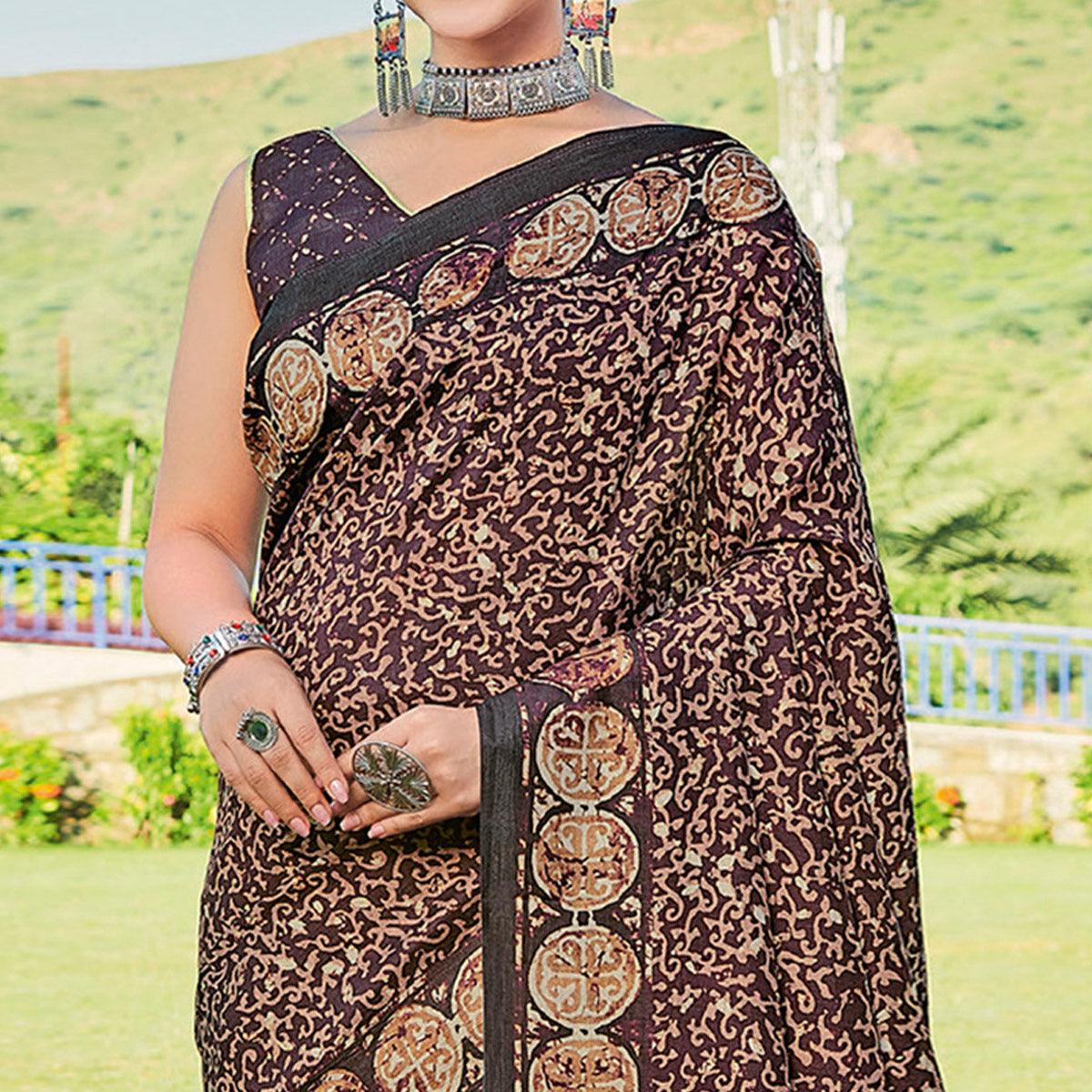 Dark Purple Printed Cotton Silk Saree