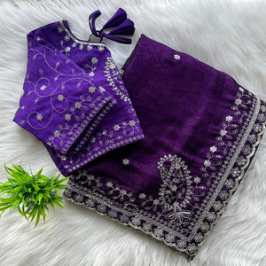 Dark Purple Soft Silk Saree with Elegant Rubber Weaving & Heavy Embroidery Work