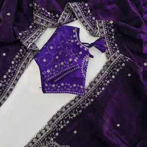 Dark Purple Soft Silk Saree with Elegant Rubber Weaving & Heavy Embroidery Work