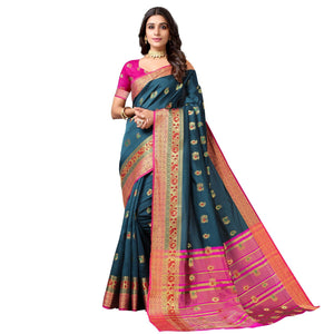 Dark Rama Blue Festive Wear Woven Soft Silk Saree With Jacquard Border