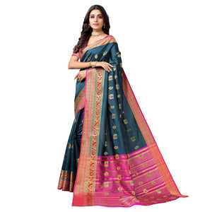 Dark Rama Blue Festive Wear Woven Soft Silk Saree With Jacquard Border