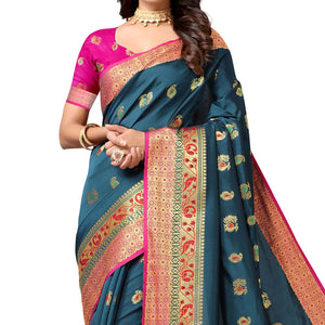 Dark Rama Blue Festive Wear Woven Soft Silk Saree With Jacquard Border