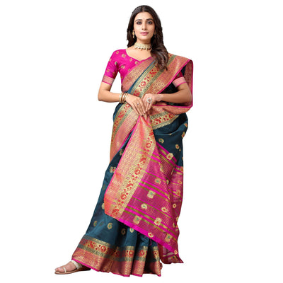 Dark Rama Blue Festive Wear Woven Soft Silk Saree With Jacquard Border