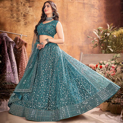 Dark Rama Green Partywear Thread Sequins Soft Net Lehenga Choli