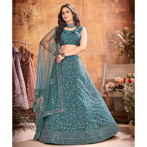 Dark Rama Green Partywear Thread Sequins Soft Net Lehenga Choli