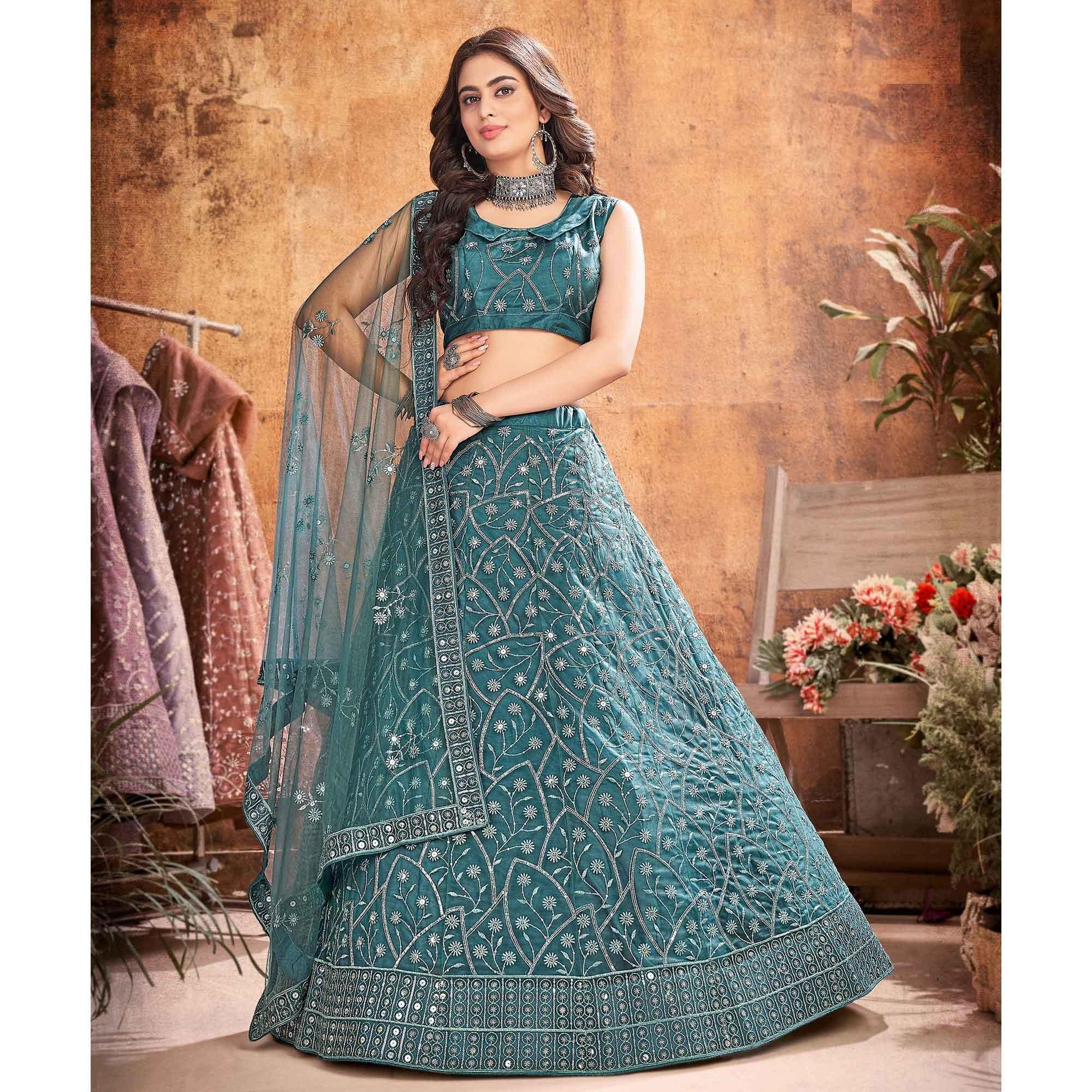 Dark Rama Green Partywear Thread Sequins Soft Net Lehenga Choli