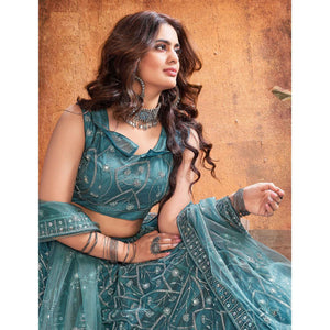 Dark Rama Green Partywear Thread Sequins Soft Net Lehenga Choli