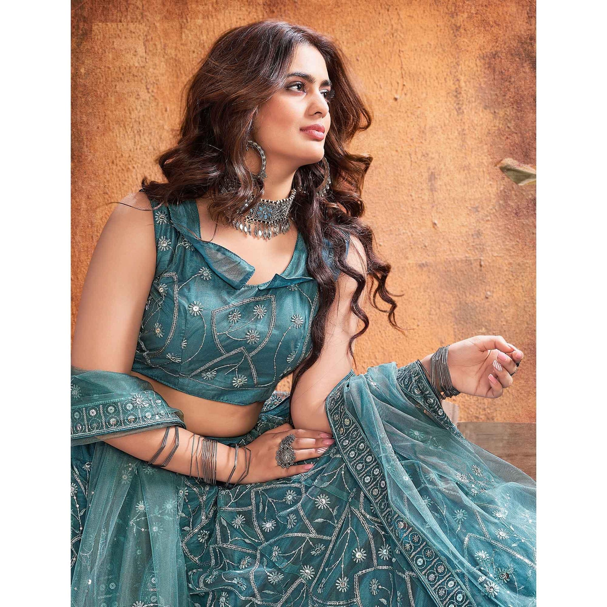 Dark Rama Green Partywear Thread Sequins Soft Net Lehenga Choli