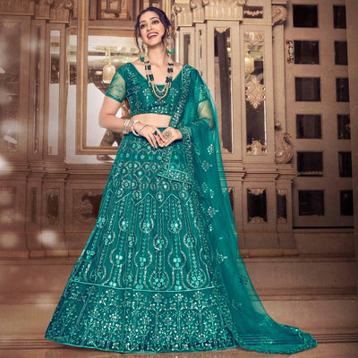 Dark Rama Partywear Thread Sequins Soft Net Lehenga Choli