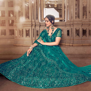 Dark Rama Partywear Thread Sequins Soft Net Lehenga Choli
